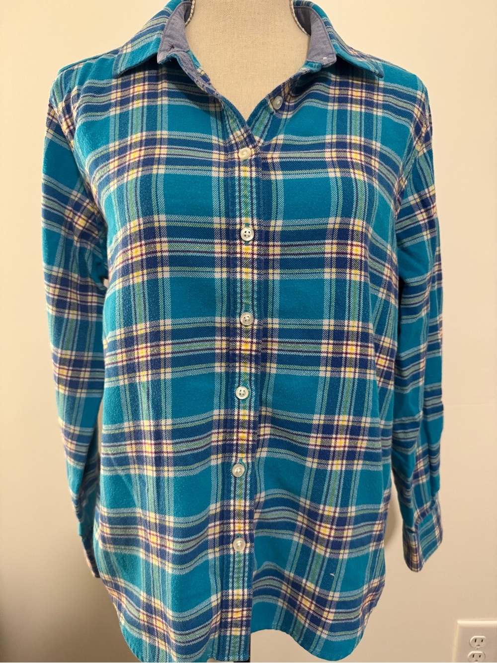Lands’ End Button Down Flannel Shirt Teal Blue 100% Cotton Plaid Size L 14/16